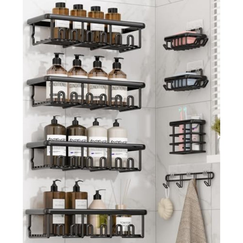 8 Pack Adhesive Rustproof Shower Caddy with Soap Dishes, Toothbrush Holder and Hooks, Large Capacity No-Drilling Shower Shelves Rack for Bathroom Organizers and Storage Accessories - Image 1