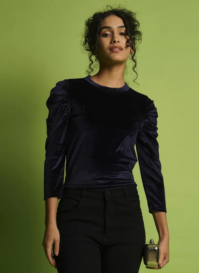 globus Globus Women Solid Round Neck Puff Sleeves Party Top