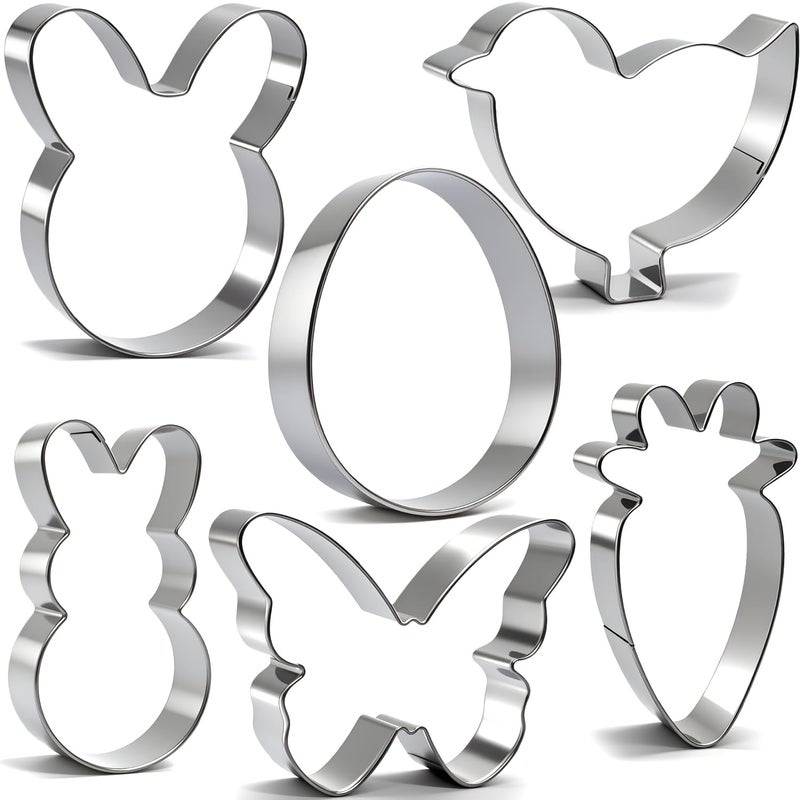 VTUGP 6Pcs Large Easter Cookie Cutters for Kids, 4'' Bunny Head, Egg, Chicken, Rabbit, Carrot, Butterfly Shapes, Metal Biscuit Molds for Easter Spring Holiday Themed Baking Supply - Image 1
