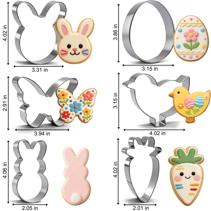 VTUGP 6Pcs Large Easter Cookie Cutters for Kids, 4'' Bunny Head, Egg, Chicken, Rabbit, Carrot, Butterfly Shapes, Metal Biscuit Molds for Easter Spring Holiday Themed Baking Supply - Image 5