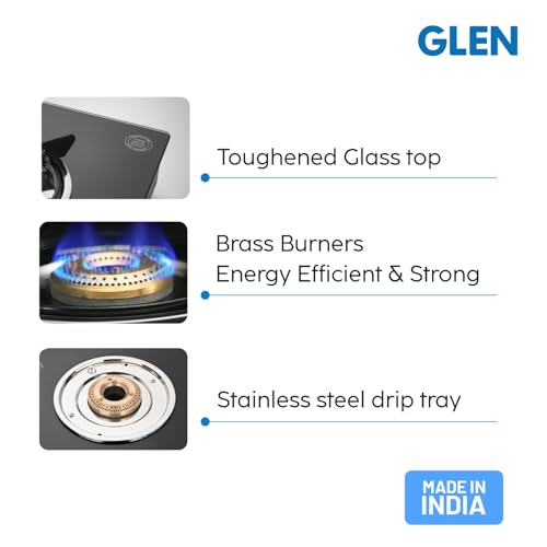 GLEN موقد غاز LPG ذو شعلتين من جلين 66 سم | سطح زجاجي مقسى بسمك 6 مم | شعلات نحاسية | معتمد من ISI | إشعال يدوي | أسود مع صواني تنقيط وفوهة مدخل دوارة | ضمان لمدة عامين - Image 4