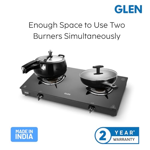 GLEN موقد غاز LPG ذو شعلتين من جلين 66 سم | سطح زجاجي مقسى بسمك 6 مم | شعلات نحاسية | معتمد من ISI | إشعال يدوي | أسود مع صواني تنقيط وفوهة مدخل دوارة | ضمان لمدة عامين - Image 2