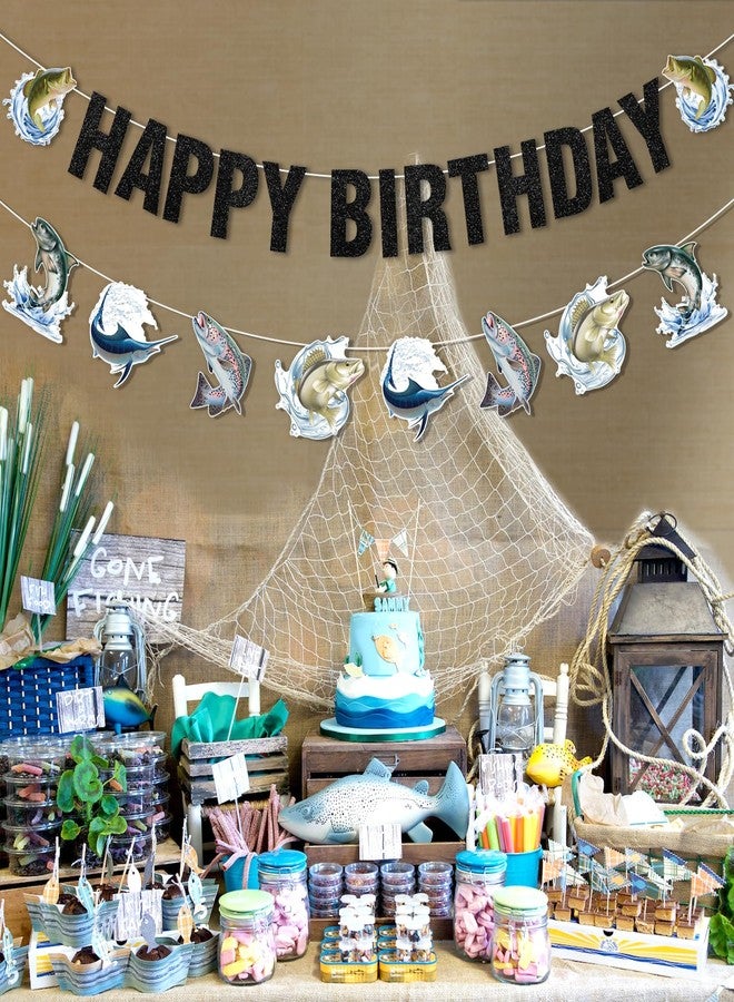 Cheereveal Fish Happy Birthday Banner, Gone Fishing Bunting Garland, Freshwater Pond Outdoor Salt Birthday Party Decoration, Fishing Competition Retirement Barbecue Party Supplies - Image 3