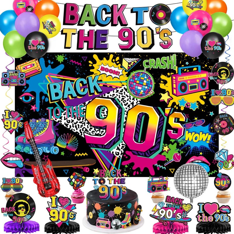 QIYANPAX 90s Party Decorations Includes 90s Backdrop Foil Latex Balloons Cake Cupcake Toppers Honeycomb Centerpieces Banner Hanging Swirls for 80s 90s Party Decorations - Image 2