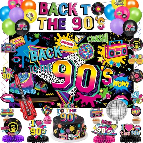 QIYANPAX 90s Party Decorations Includes 90s Backdrop Foil Latex Balloons Cake Cupcake Toppers Honeycomb Centerpieces Banner Hanging Swirls for 80s 90s Party Decorations - Image 1