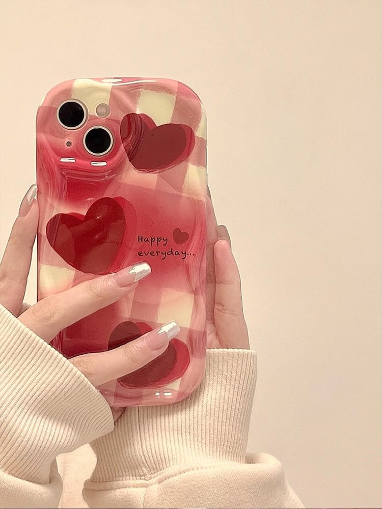 PANDACAMEL Cute Pink and White Heart Pattern iPhone 14 Case with Wavy Curly Edge - Image 2