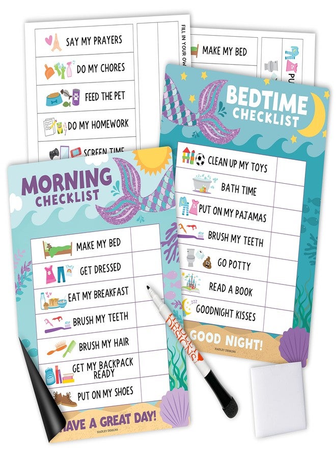 Hadley Designs Magnetic Morning & Bedtime Routine Chart for Kids - Customizable Toddler Daily Schedule Board with Dry Erase Surface, Stickers & Marker, Build Habits with Visual Checklists, Mermaid Theme - Image 1