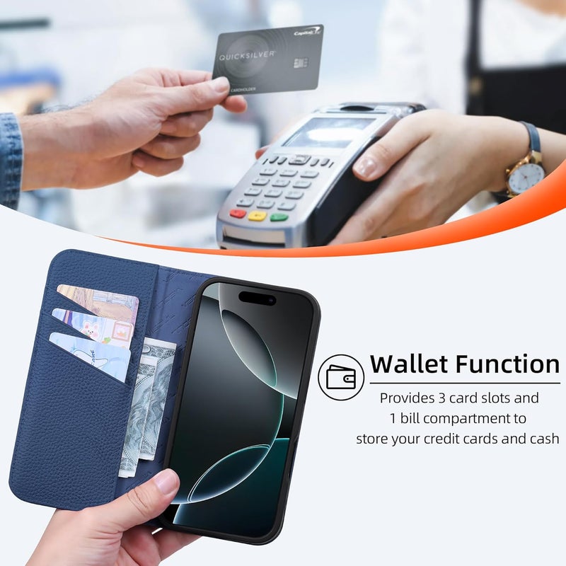 VISOUL Genuine Leather Wallet Case for iPhone 17 6.3-inch 5G 2025, RFID Blocking, Magnetic, Wireless Charging, 3 Card Holders, Kickstand, Shockproof TPU Shell, Protective-Black+Jewel Blue - Image 3