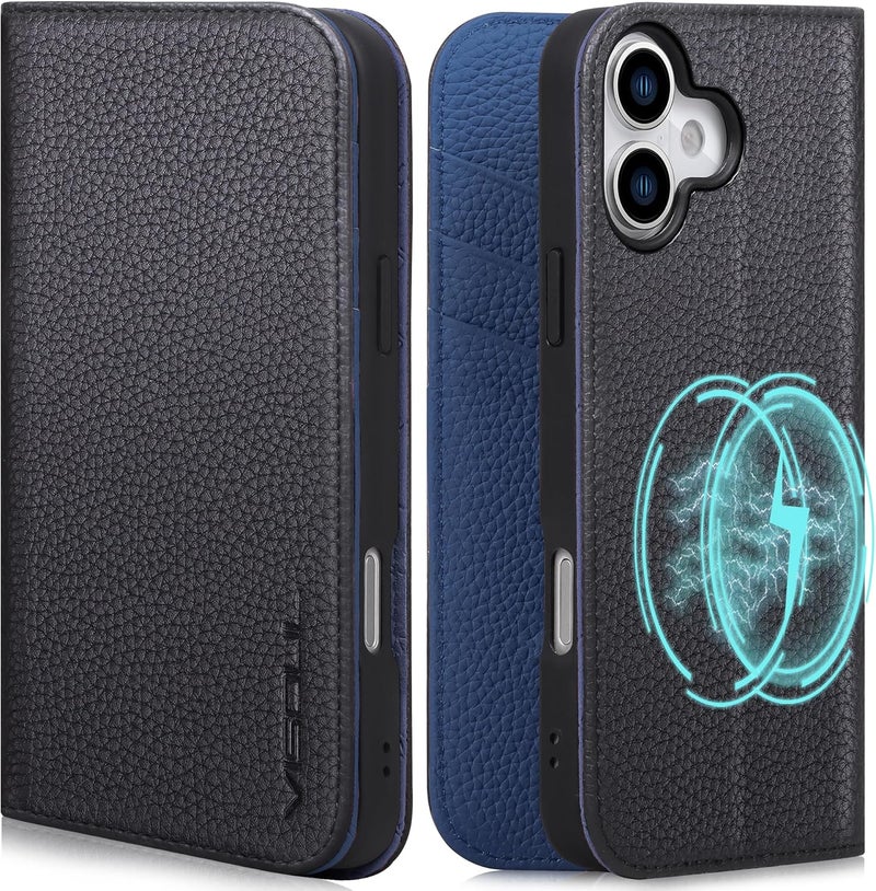 VISOUL Genuine Leather Wallet Case for iPhone 17 6.3-inch 5G 2025, RFID Blocking, Magnetic, Wireless Charging, 3 Card Holders, Kickstand, Shockproof TPU Shell, Protective-Black+Jewel Blue - Image 1