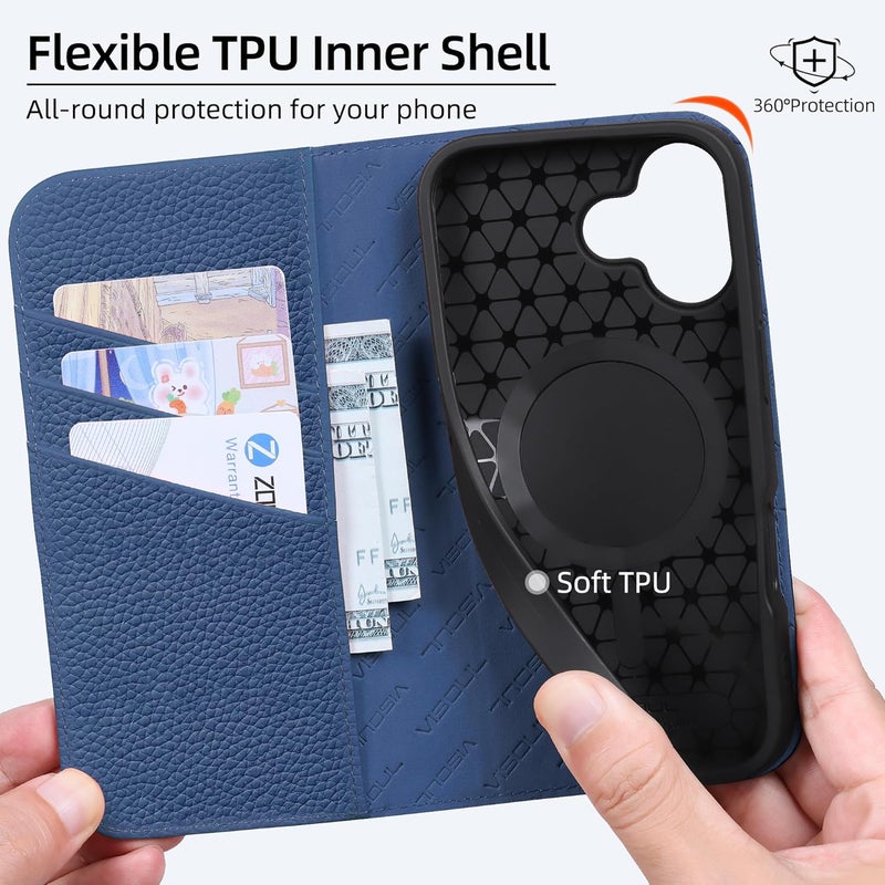 VISOUL Genuine Leather Wallet Case for iPhone 17 6.3-inch 5G 2025, RFID Blocking, Magnetic, Wireless Charging, 3 Card Holders, Kickstand, Shockproof TPU Shell, Protective-Black+Jewel Blue - Image 4