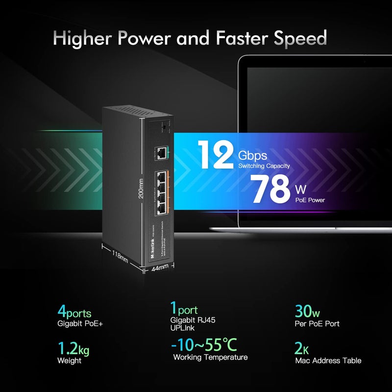 MokerLink مفتاح 5 منافذ جيجابت POE، مع 4 منافذ POE+ بسرعة 1000 ميجابت في الثانية، 78 واط IEEE802.3af/at، غير مُدار وقابل للتوصيل والتشغيل، معدني متين بدون مروحة - Image 3