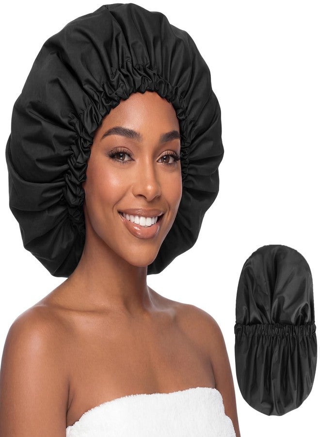 Selalu Satin Lined Shower Cap for Women, Extra Large Waterproof Shower Cap for Long Hair, Double Layer Reusable Bath Cap for Curly Hair, Braids & Thick Hair with Soft Elastic Band (Black/Black) - Image 1