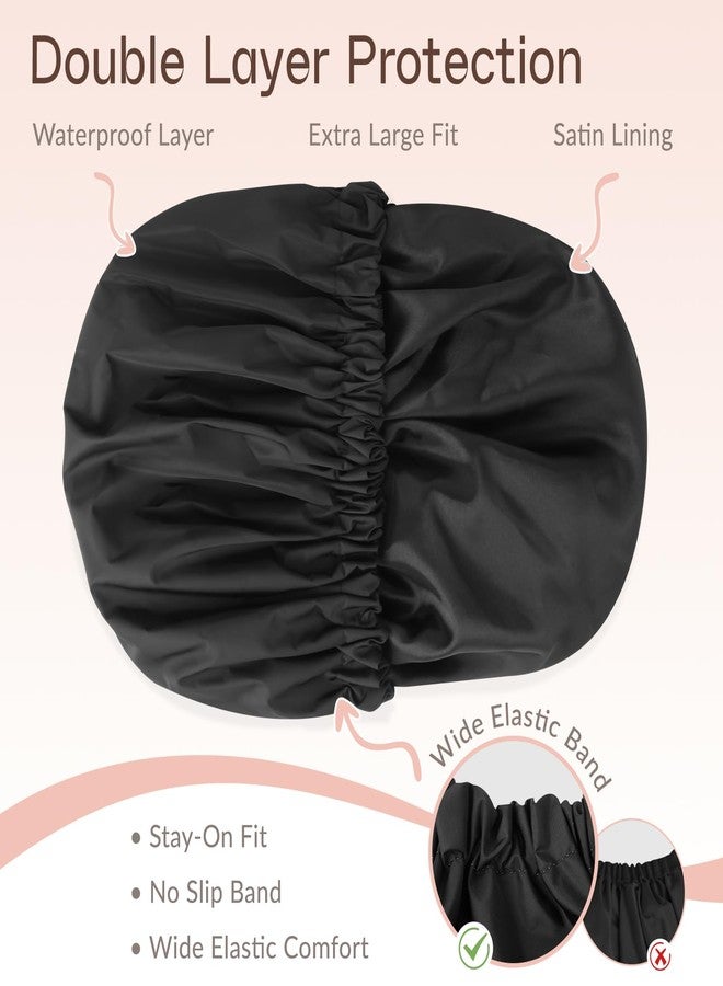 Selalu Satin Lined Shower Cap for Women, Extra Large Waterproof Shower Cap for Long Hair, Double Layer Reusable Bath Cap for Curly Hair, Braids & Thick Hair with Soft Elastic Band (Black/Black) - Image 2