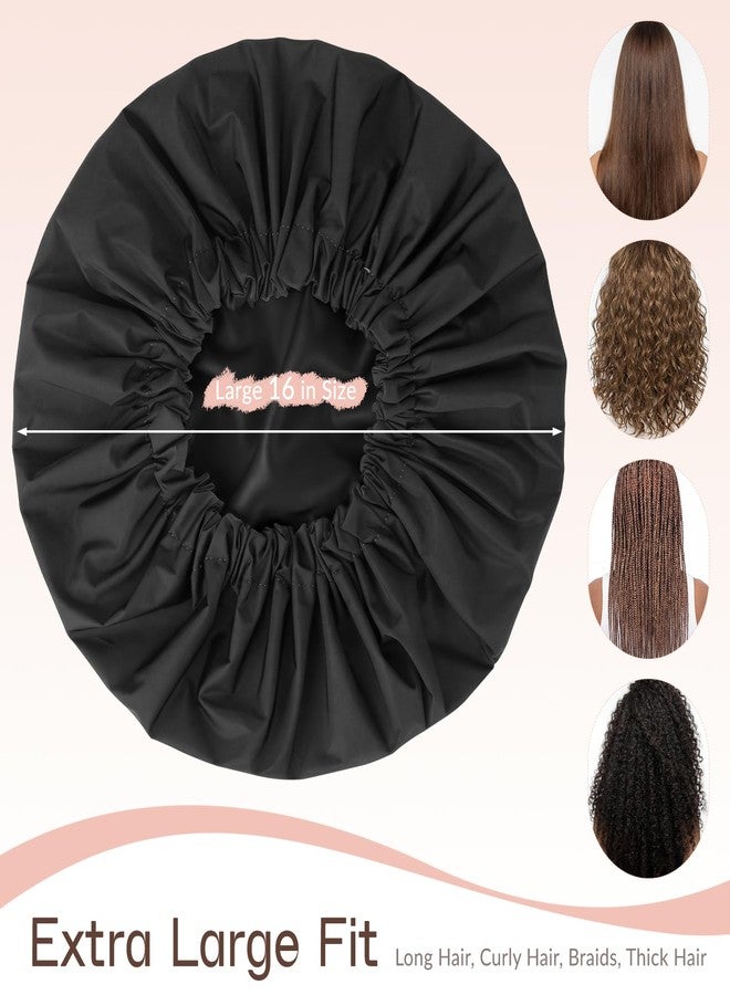 Selalu Satin Lined Shower Cap for Women, Extra Large Waterproof Shower Cap for Long Hair, Double Layer Reusable Bath Cap for Curly Hair, Braids & Thick Hair with Soft Elastic Band (Black/Black) - Image 3