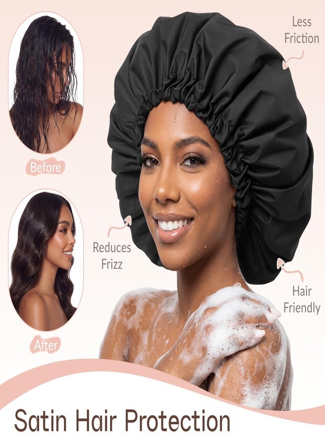 Selalu Satin Lined Shower Cap for Women, Extra Large Waterproof Shower Cap for Long Hair, Double Layer Reusable Bath Cap for Curly Hair, Braids & Thick Hair with Soft Elastic Band (Black/Black) - Image 5