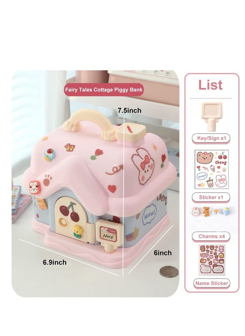 Bank for Kids, Fairy Tales Cottage Bank with DIY Sticker Gift Key, Lovely Cream House Money Coin Bank Box for Girl, Great for Children's Birthday Gift or Home Decoration - Image 5