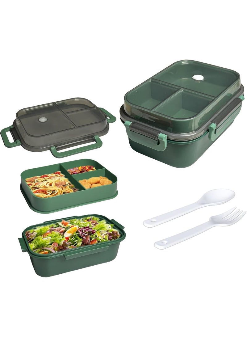 SYOSI Portable Lunch Boxes for Adult Kids, 2 Layers All-in-One Stackable Lunch Box Utensil Set with Cutlery, Leak-Proof Food Storage Box for School Dining Out, Work, Picnic, Green - Image 1