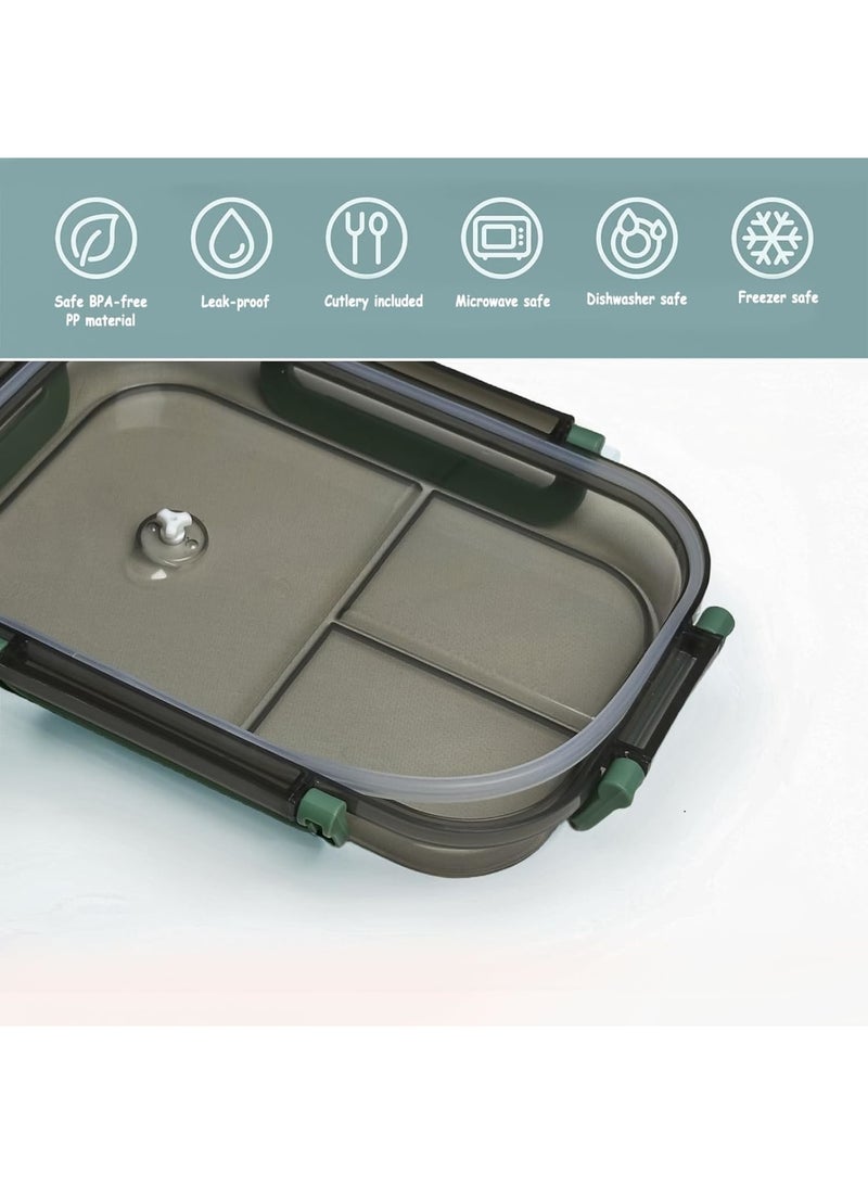 SYOSI Portable Lunch Boxes for Adult Kids, 2 Layers All-in-One Stackable Lunch Box Utensil Set with Cutlery, Leak-Proof Food Storage Box for School Dining Out, Work, Picnic, Green - Image 3