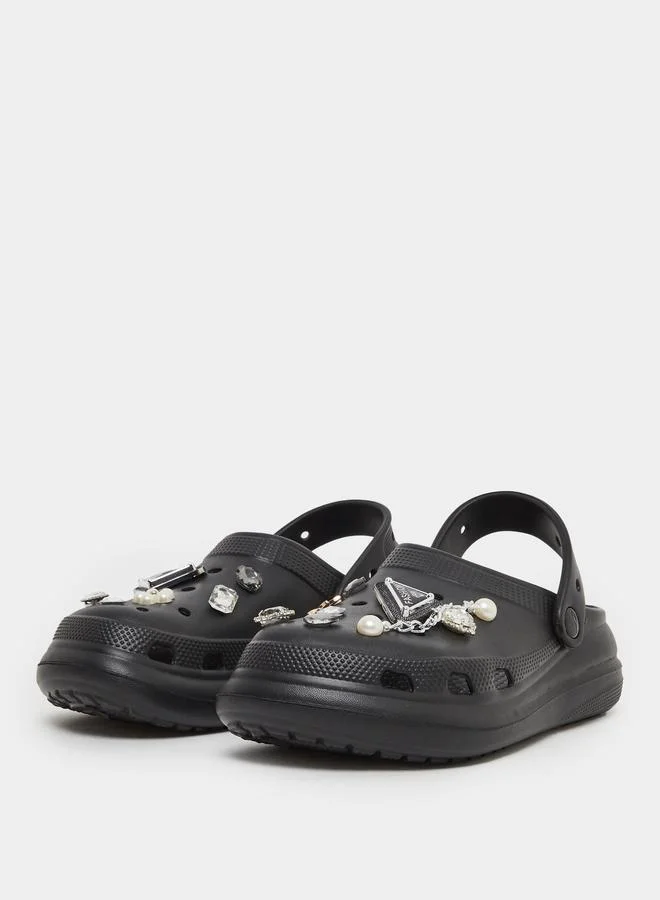 Styli Women Black Embellished Round Toe Clogs