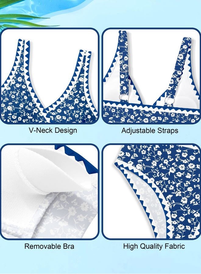 Kangkang Girls Swimsuit Bikini Set Solid Color V-Neck Two Piece Bathing Suit with Chest Pad Adjustable Straps Swimwear 7-16T, Dark Blue Floral, 13-14 Years - Image 5