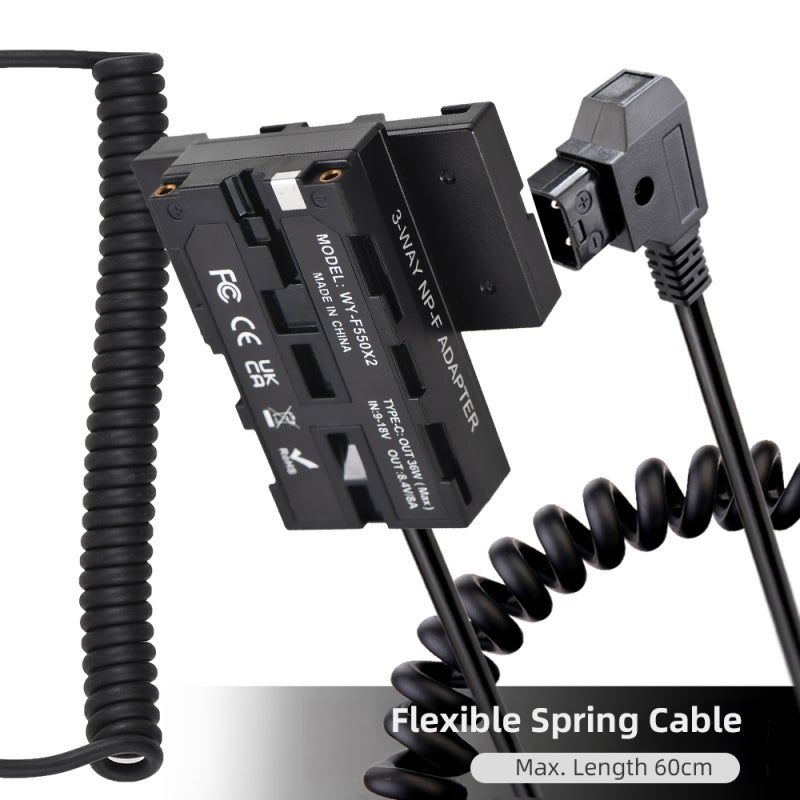 Dual-Sided F550 NP-F Dummy Battery Cross-Shaped to D-Tap Power Cable with 5-12V Type-C Output for Field Monitor LED Light Wireless Video Transmission - Image 4
