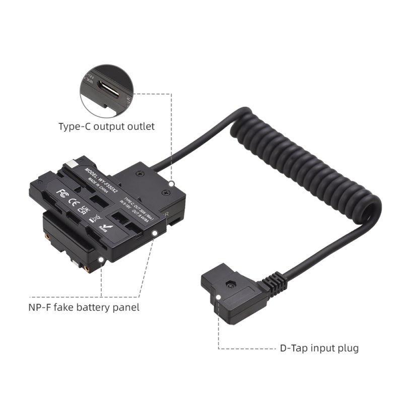 Dual-Sided F550 NP-F Dummy Battery Cross-Shaped to D-Tap Power Cable with 5-12V Type-C Output for Field Monitor LED Light Wireless Video Transmission - Image 2