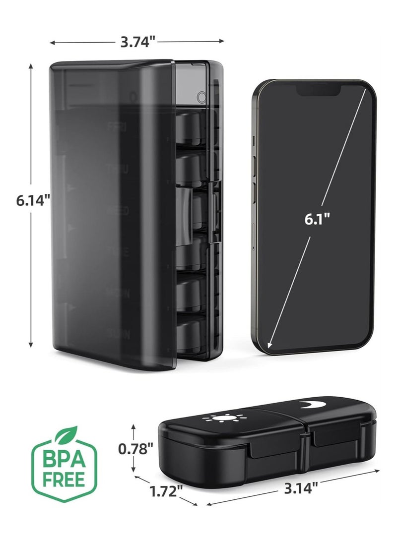 MIXDE Large Weekly Pill Organizer for AM and PM with Easy-Fill One-Sided Design - Black Privacy Protection Case for Vitamins, Meds, Supplements - Seven-Day Pill Box - Image 2