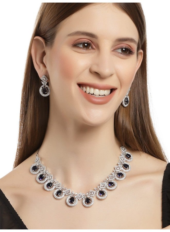 Karatcart Silver Tone Blue American Diamond Studded Necklace Set for Women - Image 2