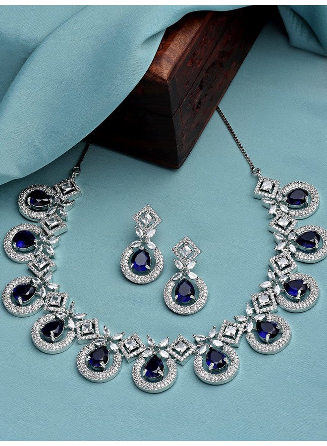 Karatcart Silver Tone Blue American Diamond Studded Necklace Set for Women - Image 4