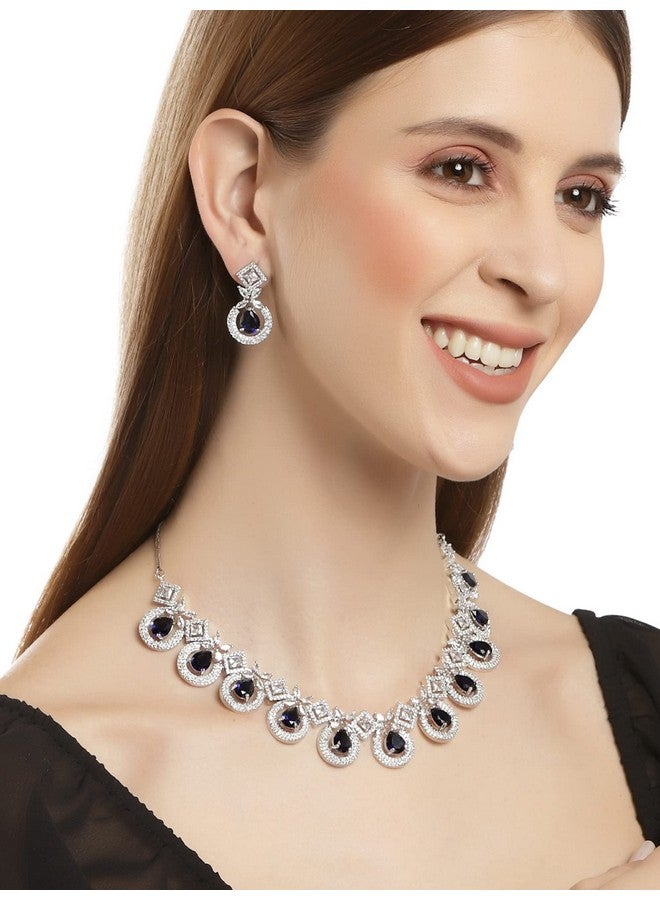 Karatcart Silver Tone Blue American Diamond Studded Necklace Set for Women - Image 3