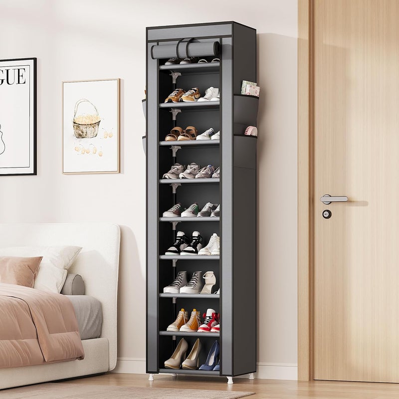 Calmootey 9 Tier Shoe Rack Organizer,Portable Shoe Shelf with Nonwoven Fabric Cover for Closet Hallway,Bedroom,Entryway,17.72x11.81x62.99inches,Grey - Image 4