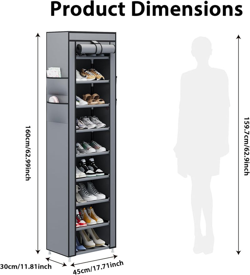 Calmootey 9 Tier Shoe Rack Organizer,Portable Shoe Shelf with Nonwoven Fabric Cover for Closet Hallway,Bedroom,Entryway,17.72x11.81x62.99inches,Grey - Image 2