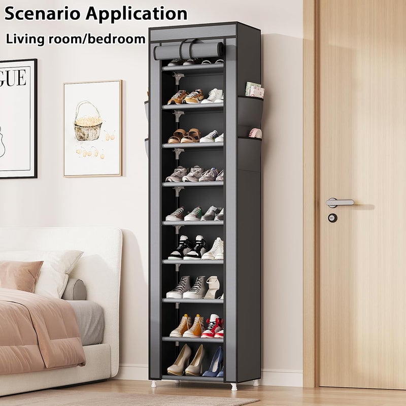 Calmootey 9 Tier Shoe Rack Organizer,Portable Shoe Shelf with Nonwoven Fabric Cover for Closet Hallway,Bedroom,Entryway,17.72x11.81x62.99inches,Grey - Image 1