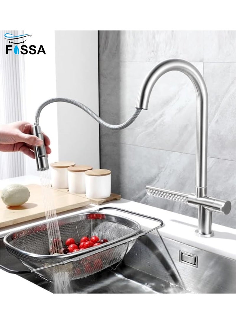 FOSSA Fossa Integrated Waterfall Faucet Taps inBuilt Shower Hot Cold Water Supply and PullOut Faucet Taps 3 Way Multifunction Oprating Matt Finish Silver  - Image 3