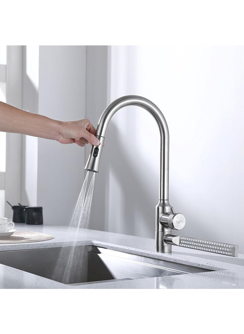 FOSSA Fossa Integrated Waterfall Faucet Taps inBuilt Shower Hot Cold Water Supply and PullOut Faucet Taps 3 Way Multifunction Oprating Matt Finish Silver  - Image 1