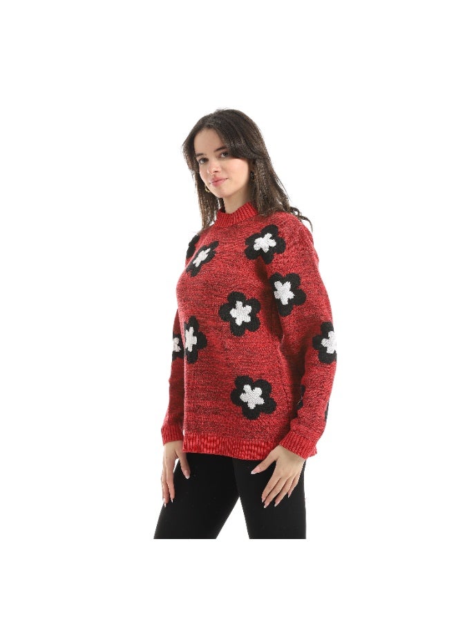 سيزار بلوفر صوف حريمي برقبة دائرية ومزود بنقش وردات - Image 5