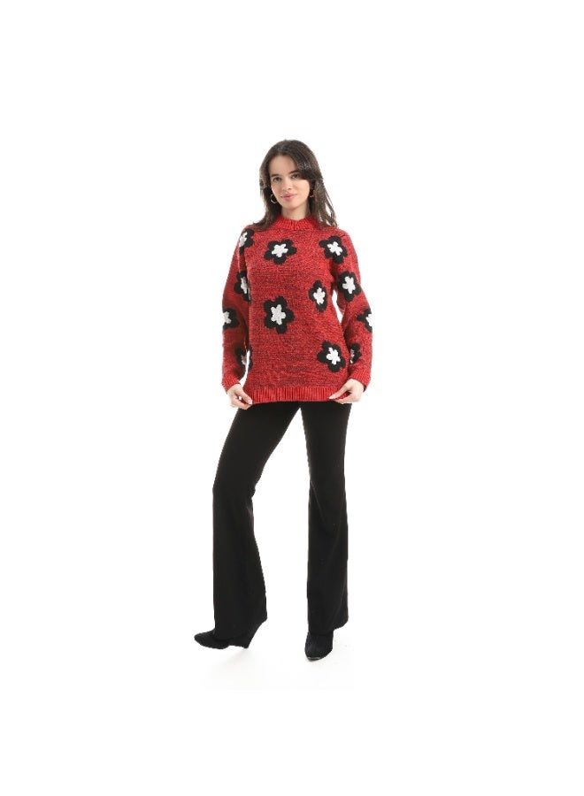 سيزار بلوفر صوف حريمي برقبة دائرية ومزود بنقش وردات - Image 3