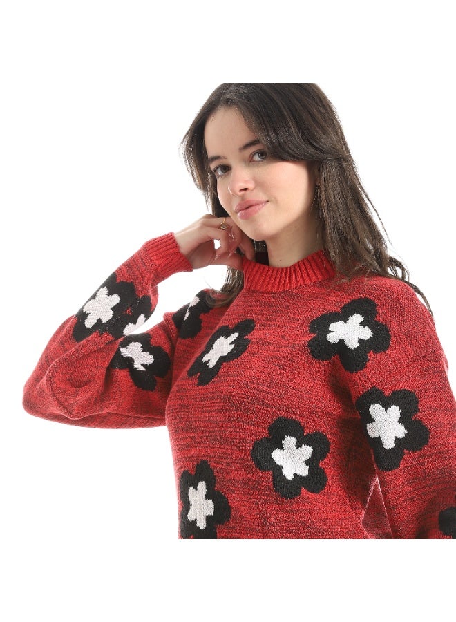 سيزار بلوفر صوف حريمي برقبة دائرية ومزود بنقش وردات - Image 4