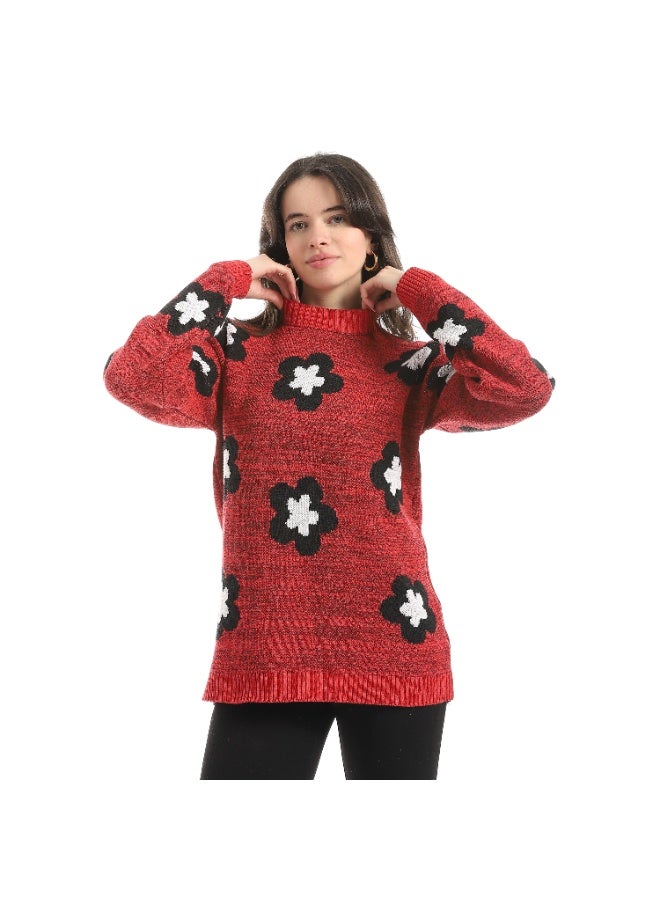 سيزار بلوفر صوف حريمي برقبة دائرية ومزود بنقش وردات - Image 1