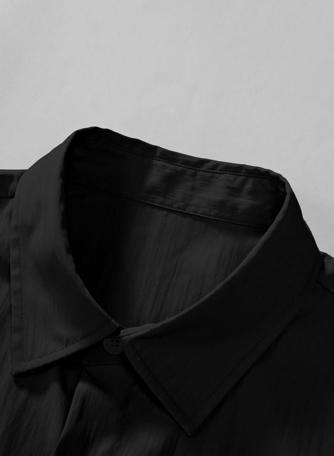 تايك تو طقم رجالي أسود سادة بجيوب قميص وشورت - Image 3