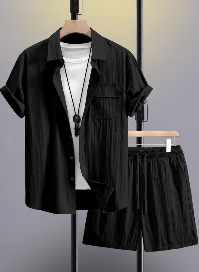 تايك تو طقم رجالي أسود سادة بجيوب قميص وشورت - Image 1