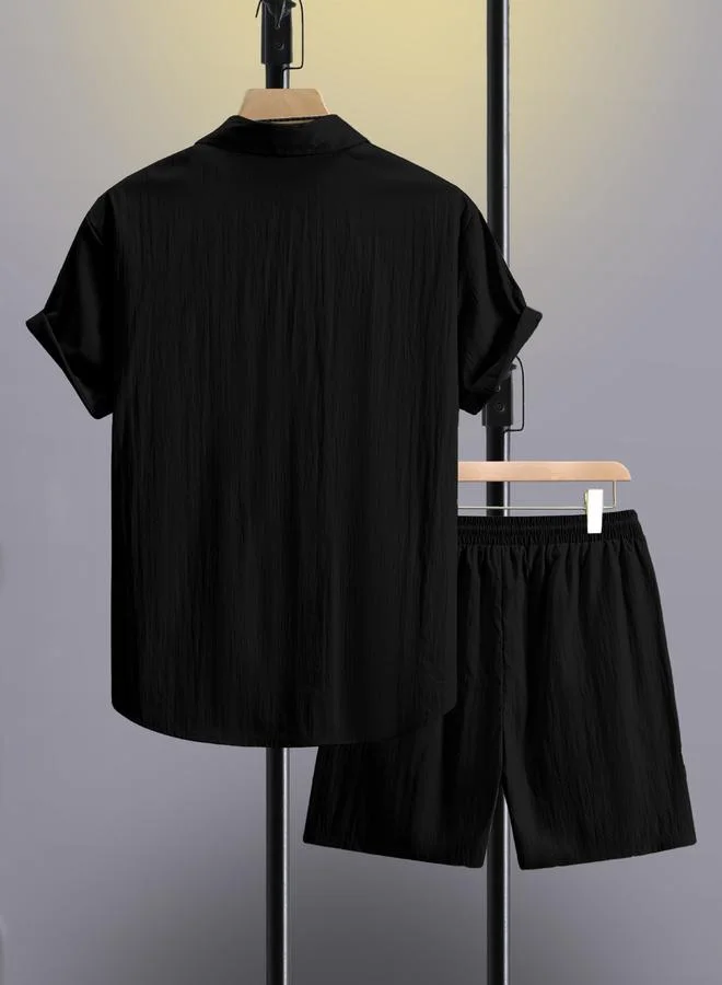 Take Two Take Two Men Black Solid Pocket Detail Shirt and Shorts Co-Ords