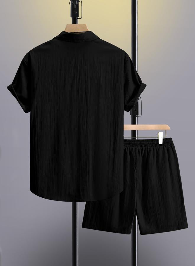 تايك تو طقم رجالي أسود سادة بجيوب قميص وشورت - Image 2