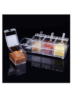 NIBEMINENT Clear Seasoning Rack Spice Pots - 4 Piece Acrylic Box Storage Container Condiment Jars Cruet with Cover and Spoon  - Image 1