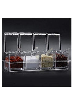 NIBEMINENT Clear Seasoning Rack Spice Pots - 4 Piece Acrylic Box Storage Container Condiment Jars Cruet with Cover and Spoon  - Image 4