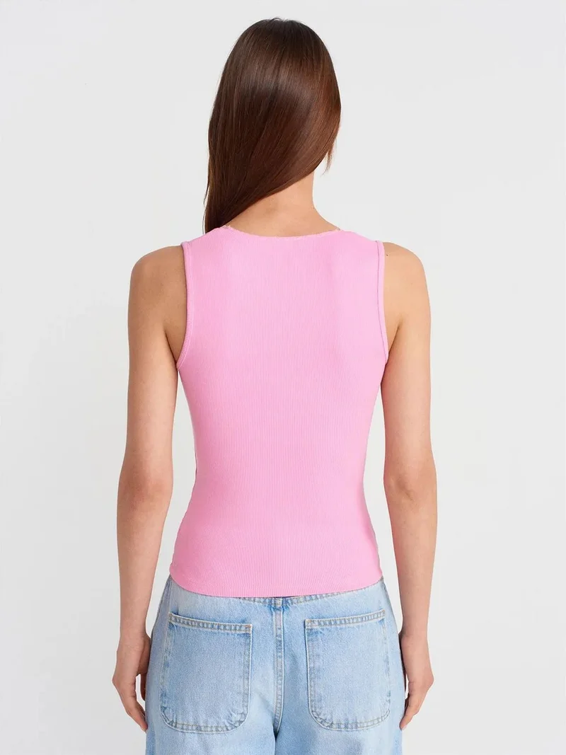 Dilvin DILVIN Sleeveless Lace Ribbed V-neck Blouse