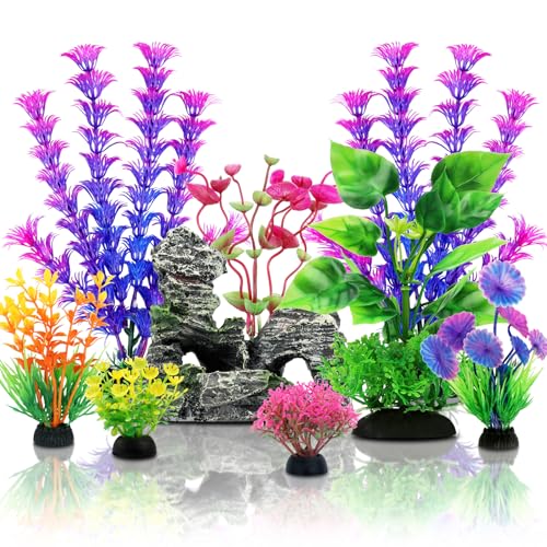 QUOZUO Fish Tank Accessories Aquarium Decorations Plants 9pcs Colorful Fish Tank Artificial Plants and Cave Rock Decor Set Aquarium Decor Plastic Plants - Image 1