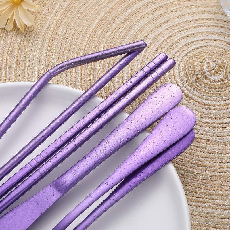 Topbooc Portable Stainless Steel Flatware Set, Travel Camping Cutlery Set, Portable Utensil Travel Silverware Dinnerware Set with a Waterproof Case (Light Purple) - Image 4