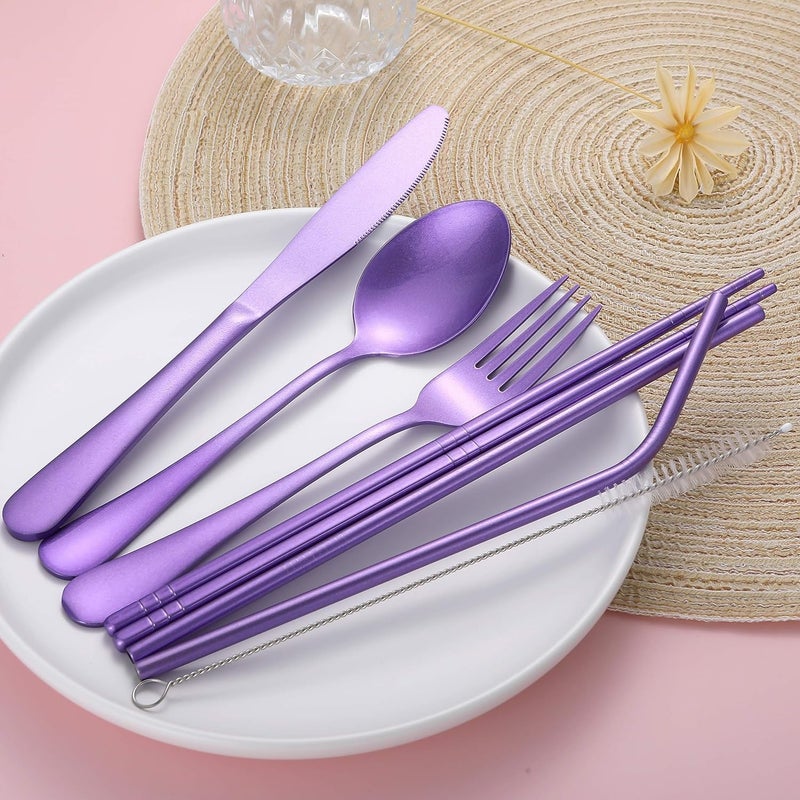 Topbooc Portable Stainless Steel Flatware Set, Travel Camping Cutlery Set, Portable Utensil Travel Silverware Dinnerware Set with a Waterproof Case (Light Purple) - Image 3