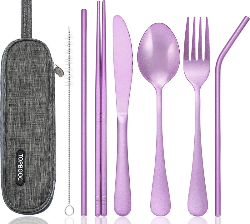 Topbooc Portable Stainless Steel Flatware Set, Travel Camping Cutlery Set, Portable Utensil Travel Silverware Dinnerware Set with a Waterproof Case (Light Purple) - Image 1